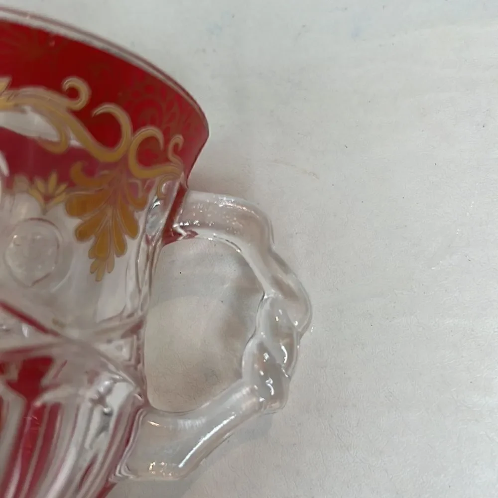 Bohemian Pressed Glass Mug 6 Oz 5 In Tall 2 3/4 In Round Red Gold Set Of 2